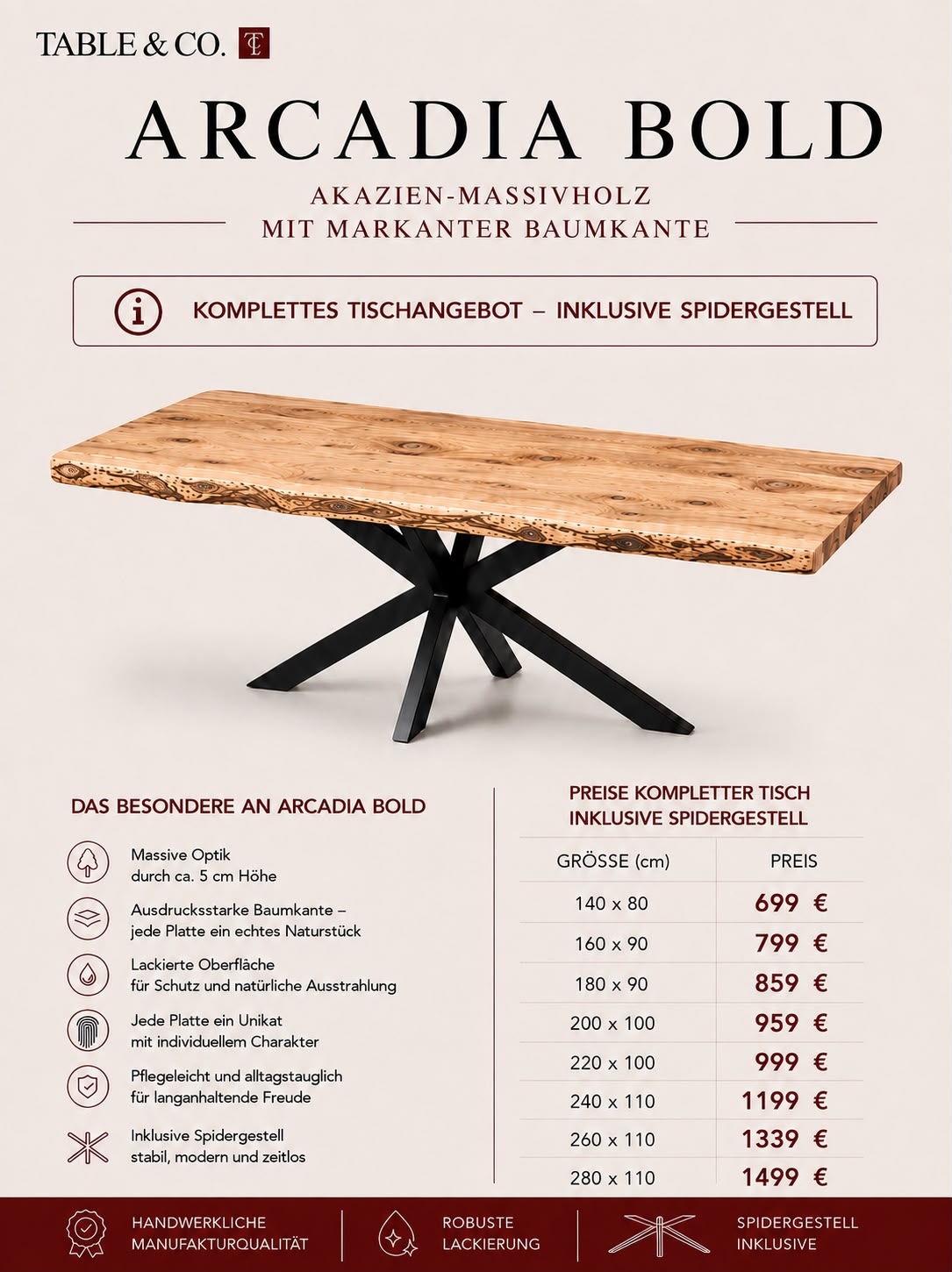 Esstisch Acardia 50mm Sofatisch 130x70x46 (h)