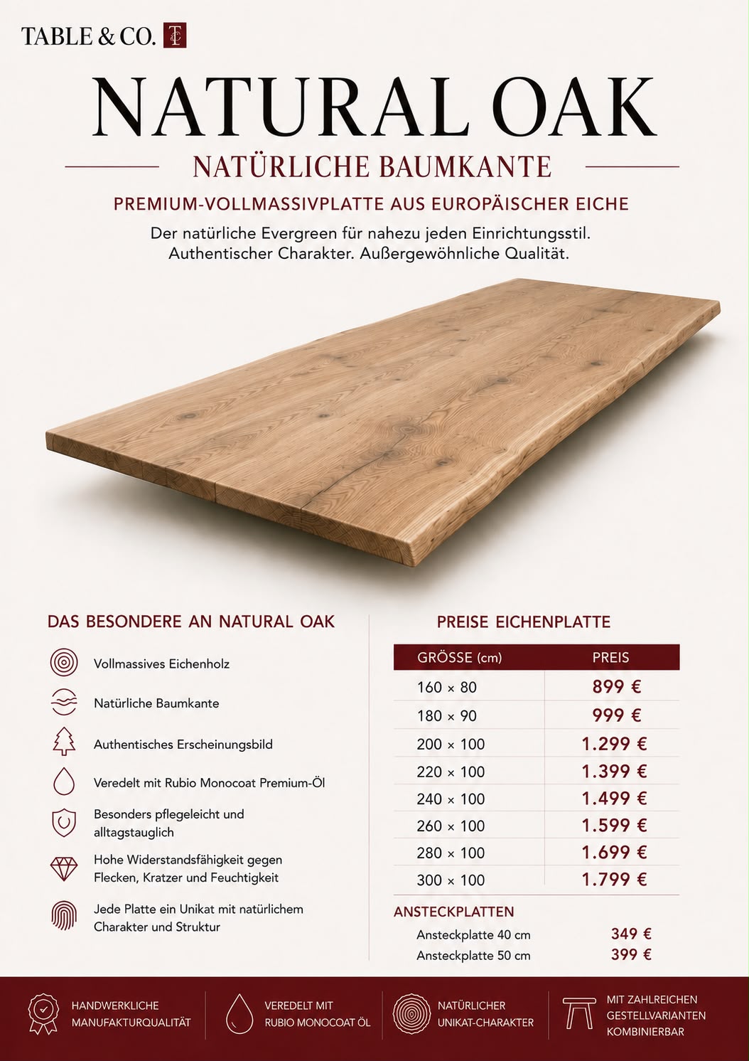 Esstisch Eiche Natural Oak Baumkante 300x100x78 (h) cm